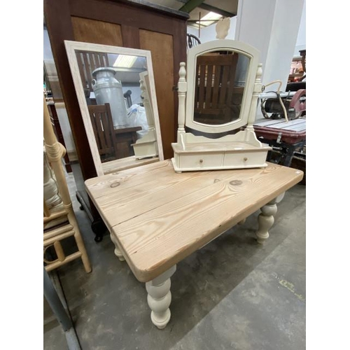 183 - Painted pine coffee table with one drawer 48H 92W 59D, framed mirror 105H 40W and a dressing table m... 