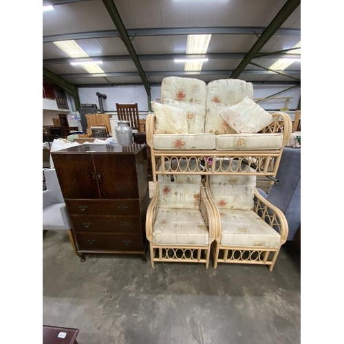 194 - Edwardian oak cupboard on chest 124H 72W 48D and a 3 piece conservatory suite (settee 122W, 2 chairs... 