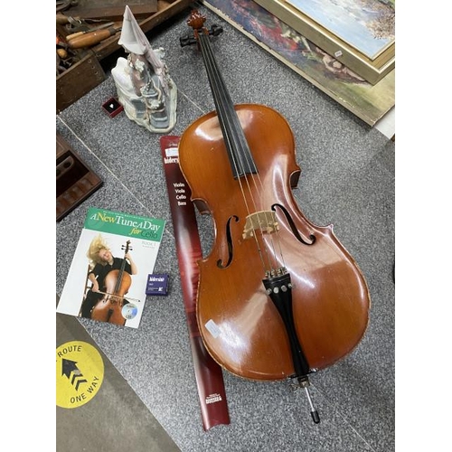 198 - 3/4 Cello (made in Romania) with Barnes & Mullins bow, Hidersine Cello resin, & music book