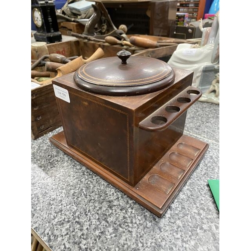 199 - 19th century mahogany inlaid pipe rack & lead lined tobacco jar