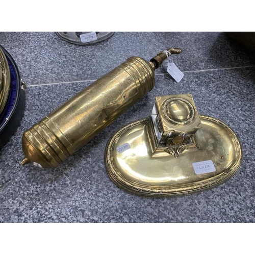 216 - Antique brass & glass desk ink well with pen rest & a brass 'Pyrene' fire extinguisher