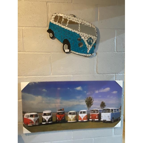 234 - VW camper canvas print 100x50cm & mosaic 'VW Camper' picture 34x50cm (Latter needs attention)