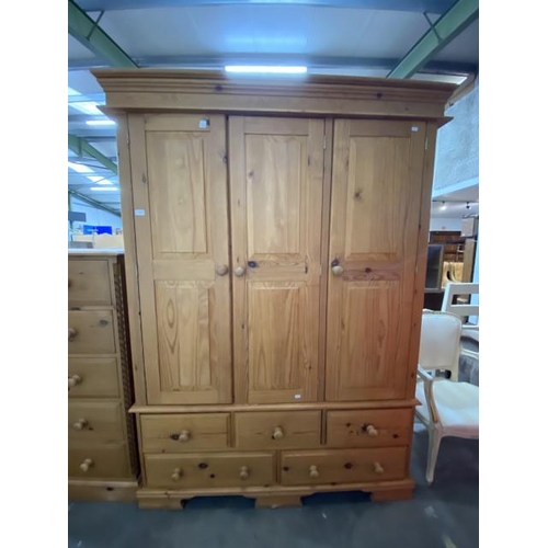 25 - Pine 3 door/5 drawer wardrobe 200H 140W 60D