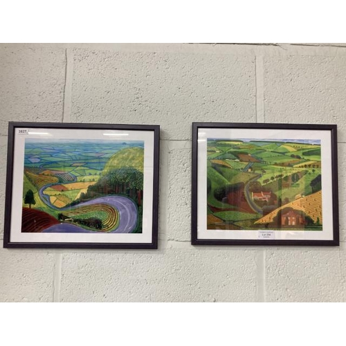 294 - 2 framed David Hockney prints 'Garrowby Hill' and 'The Road Across The Wolds' 28 x 34cm