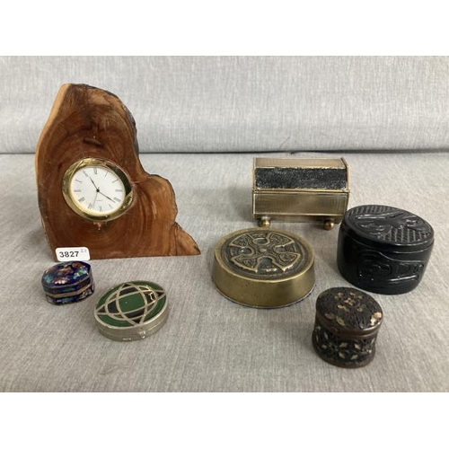 299 - Brass Celtic paperweight, Cloisonné pill box, burr walnut desk clock etc