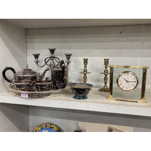 306 - Acctim mantel clock, pair of brass candlesticks, candelabra, plated 4 piece Cavalier tea set, galler... 