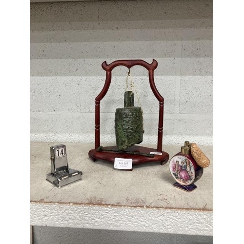 307 - Chinese bronze archaistic style bell on stand, vintage perpetual calendar & porcelain atomizer