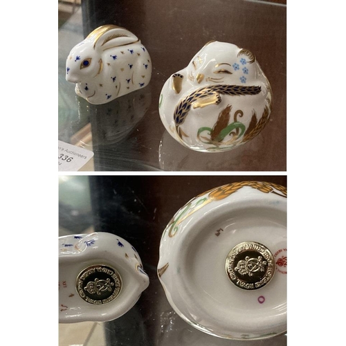 336 - Royal Crown Derby 'Sleeping Dormouse' LV and 'Baby Rabbit' LIX paperweights both with gold stoppers ... 