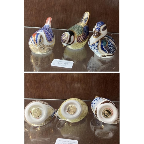 337 - Royal Crown Derby 'Blue Tit', 'Derby Duck' LXII & 'Goldcrest' LVIII paperweights all with gold stopp... 