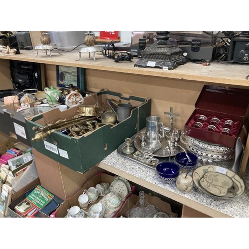 365 - Collection of metalware's & pottery inc. novelty teapots, silverplated ware, brass, pewter etc.