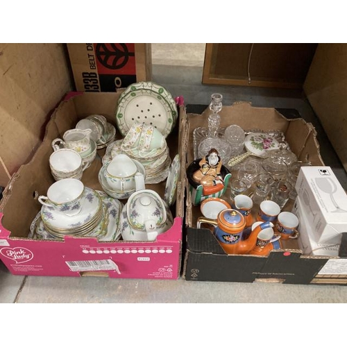 389 - 2 boxes of part tea sets & glass dressing table set inc. Noritake Art Deco seated figurine, Noritake... 