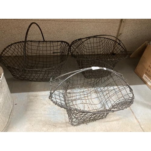 394 - 3 vintage hand made iron and wire potato baskets 20H 48W 41D