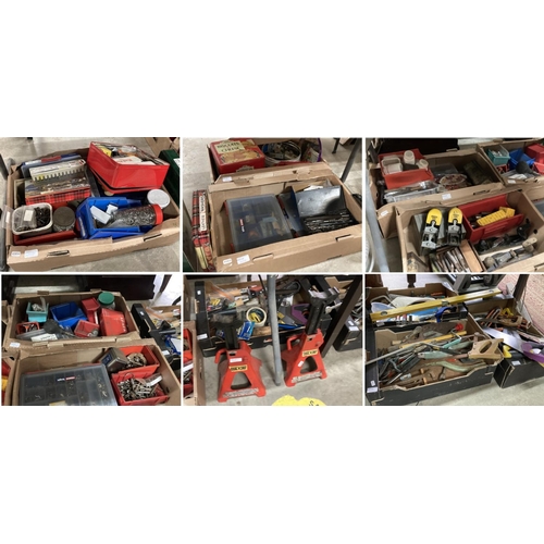 404 - Good quantity of workshop tools and accessories including boxes of assorted ironmongery, screws, hoo... 