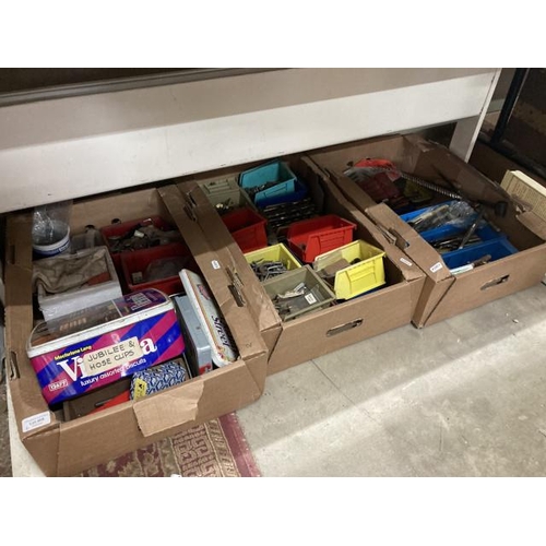 405 - 4 boxes of assorted ironmongery including drill bits, washers, hose clips, metal door furniture, met... 