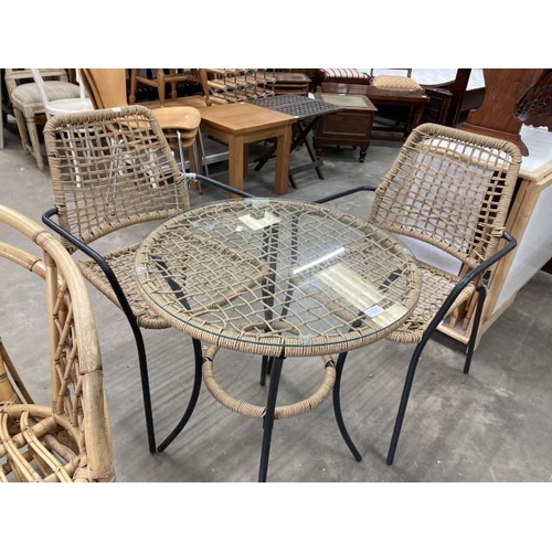 418 - Contemporary garden table 70H 60cm diameter and 2 chairs