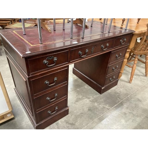 421 - Mahogany pedestal desk with red leather inset 77H 122W 60D