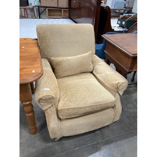 425 - Multi York gold chenille armchair with brass castors 86W