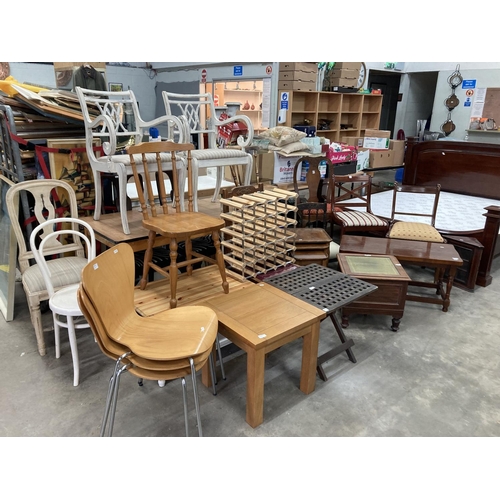 433 - Assorted furniture including dining chairs, magazine table 43H 46W 43D, walnut occasional table 37H ... 