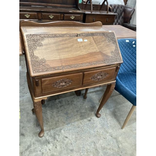 436 - Continental carved walnut bureau with one key 100H 75W 42D