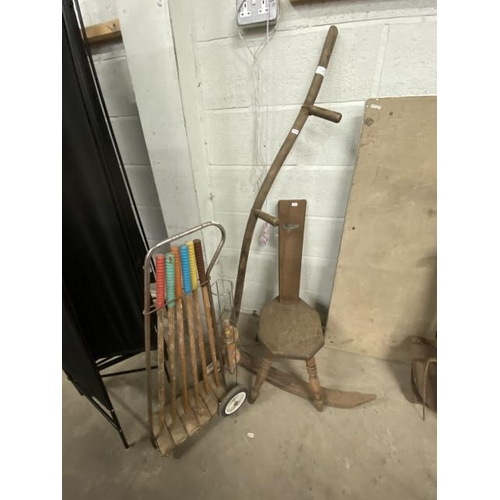 5 - Vintage scythe, oak spinning chair and a vintage croquet set