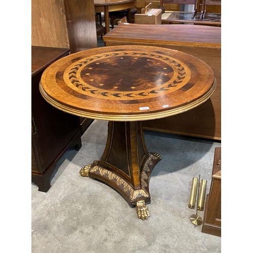 52 - Regency style satinwood and gilt centre table with paw feet 76H 89cm diameter