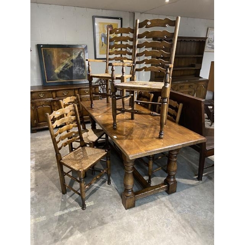 64 - Titchmarsh & Goodwin style oak refectory table 74H 183W 81D and 6 ladder-back chairs including 2 car... 