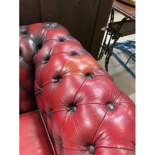 18 - 3 piece Ox blood leather button back Chesterfield suite (tub chair 95W, settee 190W, footstool 58 x ... 