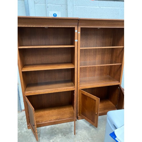 95 - Good quality oak bookcase on cupboard (in two sections) each unit 184H 99W 51D