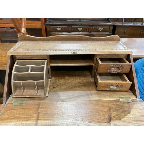 436 - Continental carved walnut bureau with one key 100H 75W 42D