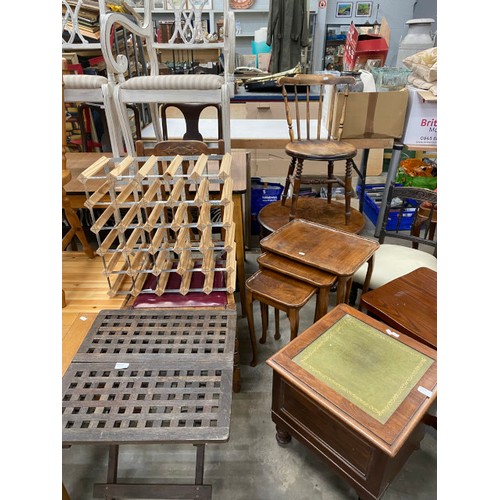 433 - Assorted furniture including dining chairs, magazine table 43H 46W 43D, walnut occasional table 37H ... 