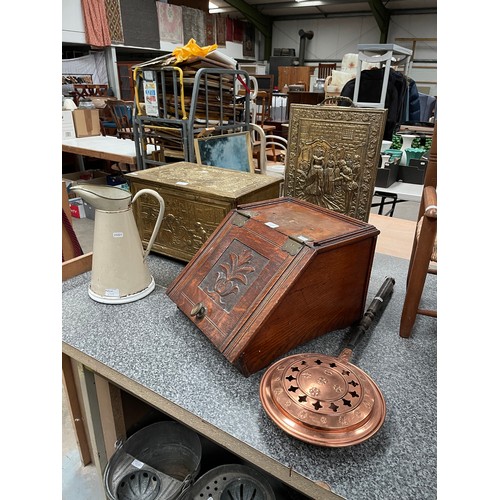 209 - Brass log box 46W 31 30D, enamel jug, Edw. oak coal scuttle (handle missing),a brass fire screen 56x... 