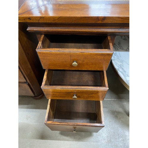 128 - Contemporary oak pedestal desk with brown leather inset 79H 190W 95D (Doorstep delivery only)