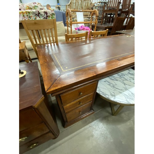 128 - Contemporary oak pedestal desk with brown leather inset 79H 190W 95D (Doorstep delivery only)