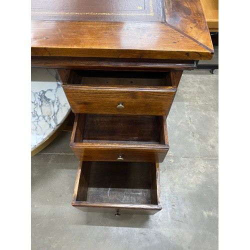 128 - Contemporary oak pedestal desk with brown leather inset 79H 190W 95D (Doorstep delivery only)