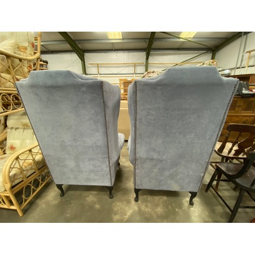 182 - 2 good quality blue/grey brushed cotton high back wing armchairs 134H 82W 60D