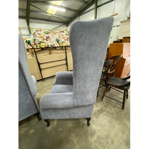 182 - 2 good quality blue/grey brushed cotton high back wing armchairs 134H 82W 60D