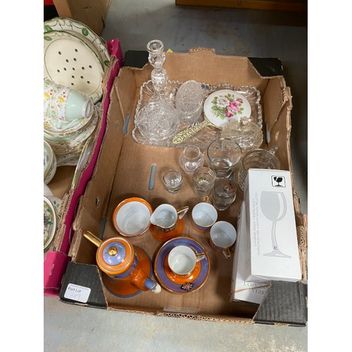 389 - 2 boxes of part tea sets & glass dressing table set inc. Noritake Art Deco seated figurine, Noritake... 