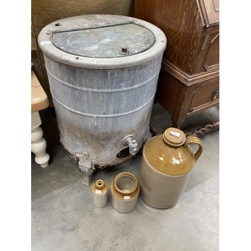 100 - Vintage galvanised water heater 70H 50cm diameter (as found), stoneware flagon 40H and 2 jars