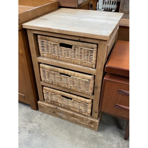 126 - Rustic pine chest with 3 wicker baskets 86H 61W 60D