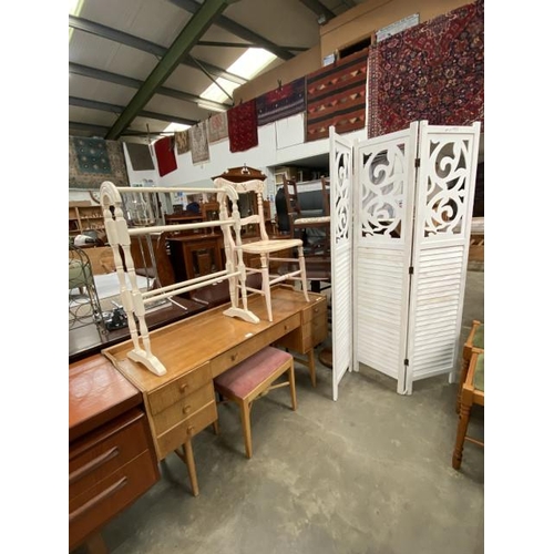 128 - Painted pine towel rail 78H 60W 30D, painted bedroom chair, Mid century Meredew teak dressing table ... 