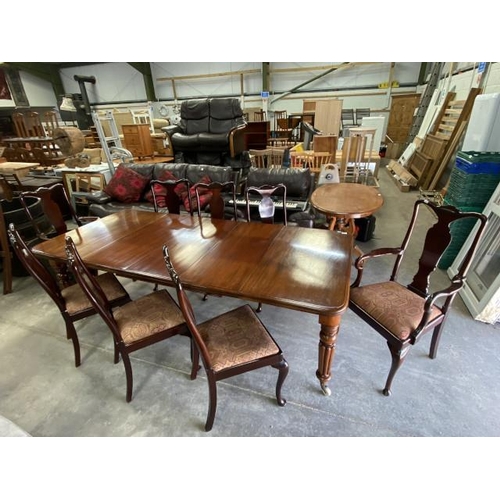 145 - Victorian mahogany wind out dining table with 3 leaves 77H 112-235W 105D and 8 Queen Anne style maho... 