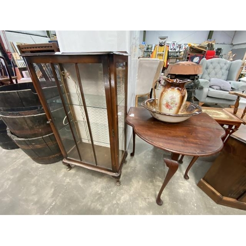 148 - Vintage mahogany display cabinet with one key 105H 60W 30D, Ironstone wash bowl and jug, assorted fr... 