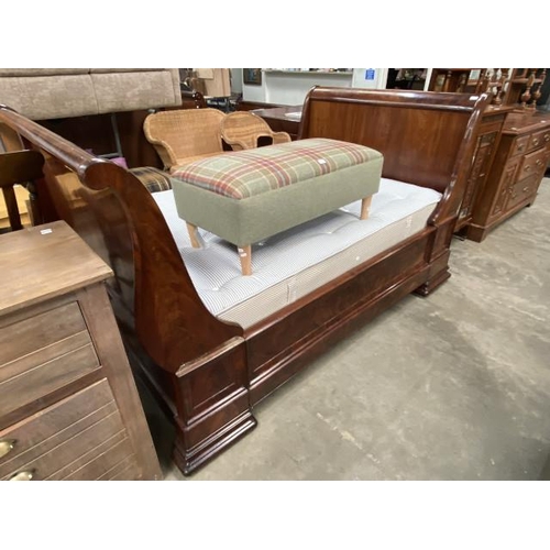 154 - Victorian burr walnut 4ft sleigh bed (as found) and a York Bedding Company Ltd ‘Minster’ mattress