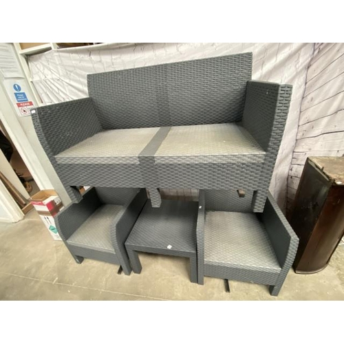 159 - 4 piece grey plastic rattan effect garden suite (settee 120W, 2 chairs 62W & occasional table 41H 58... 