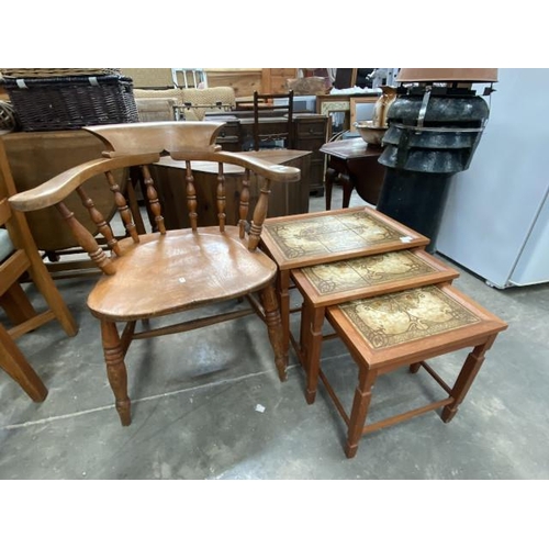 168 - Victorian oak smokers bow 67W and a Danish teak nest of 3 tables 45H 52W 37D