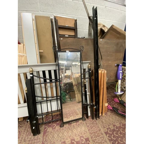 202 - Black metal 3ft bed frame with side rails and lats and a black framed cheval mirror 140H 49W