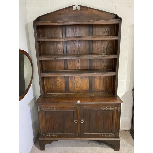 229 - Arts & Crafts oak open bookcase with wording from the poem ‘The Present Crisis’ by James Russell Low... 