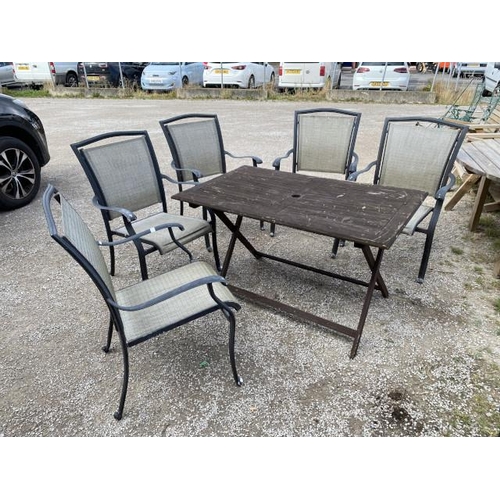 243 - Painted garden table 70H 125W 75D and 5 metal framed garden chairs 66W