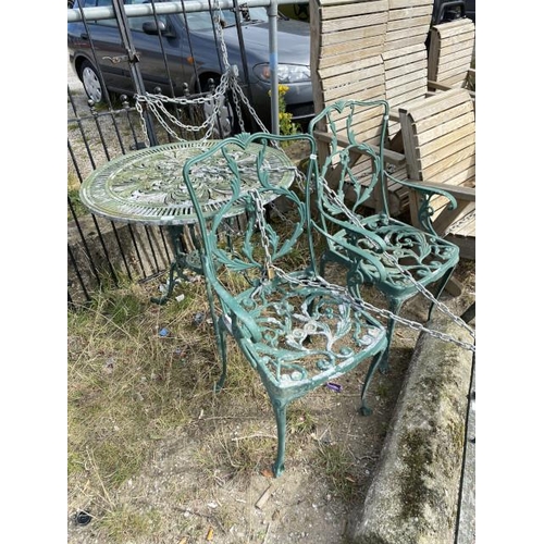 245 - Aluminium garden table 70H 80cm diameter and 2 chairs (will require re painting)