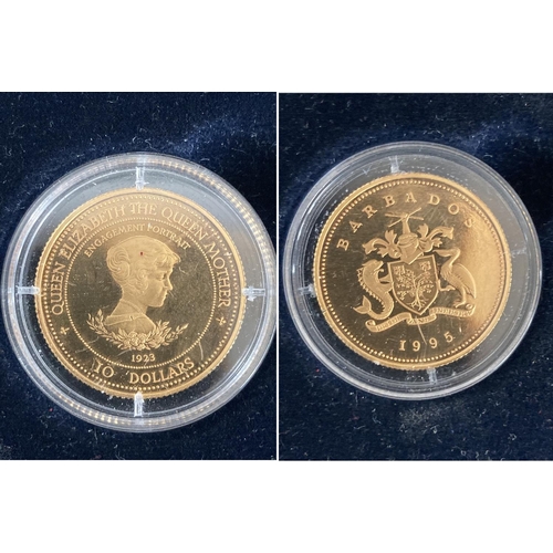 329 - Cased Royal Mint 1995 Barbados Queen Elizabeth The Queen Mother Lady Of The Century gold proof $10 c... 